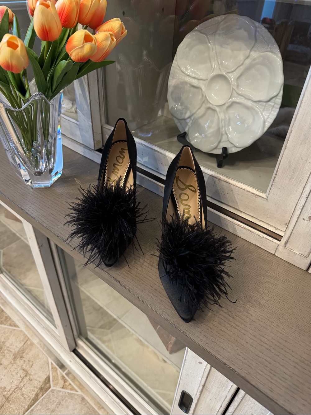 Sam Edelman Black Feather Pom Pointed-Toe Women's Heels
